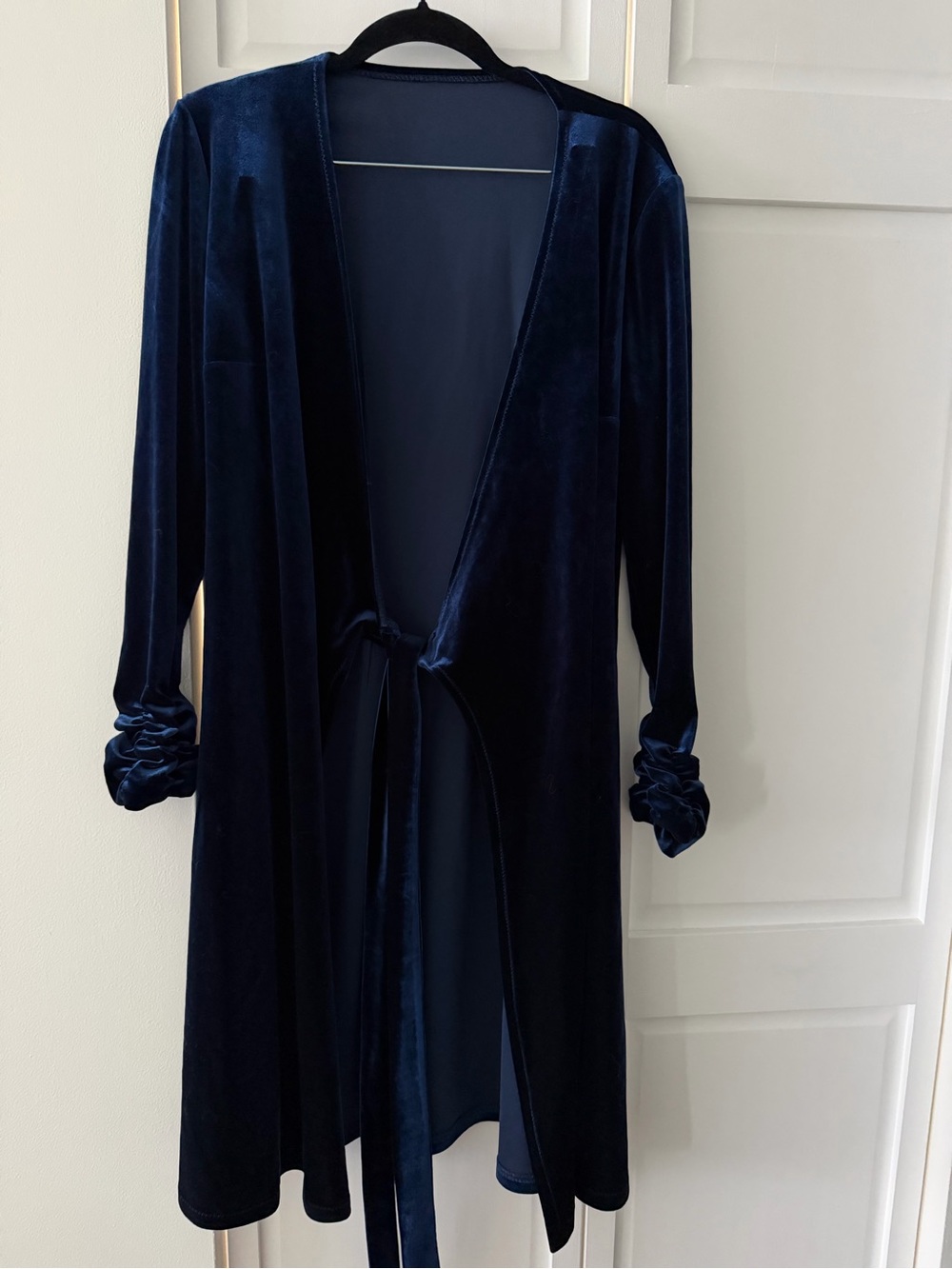 Vintage Deep Navy Velvet Robe Mid Length Duster Cardigan Kimono Tie Waist M